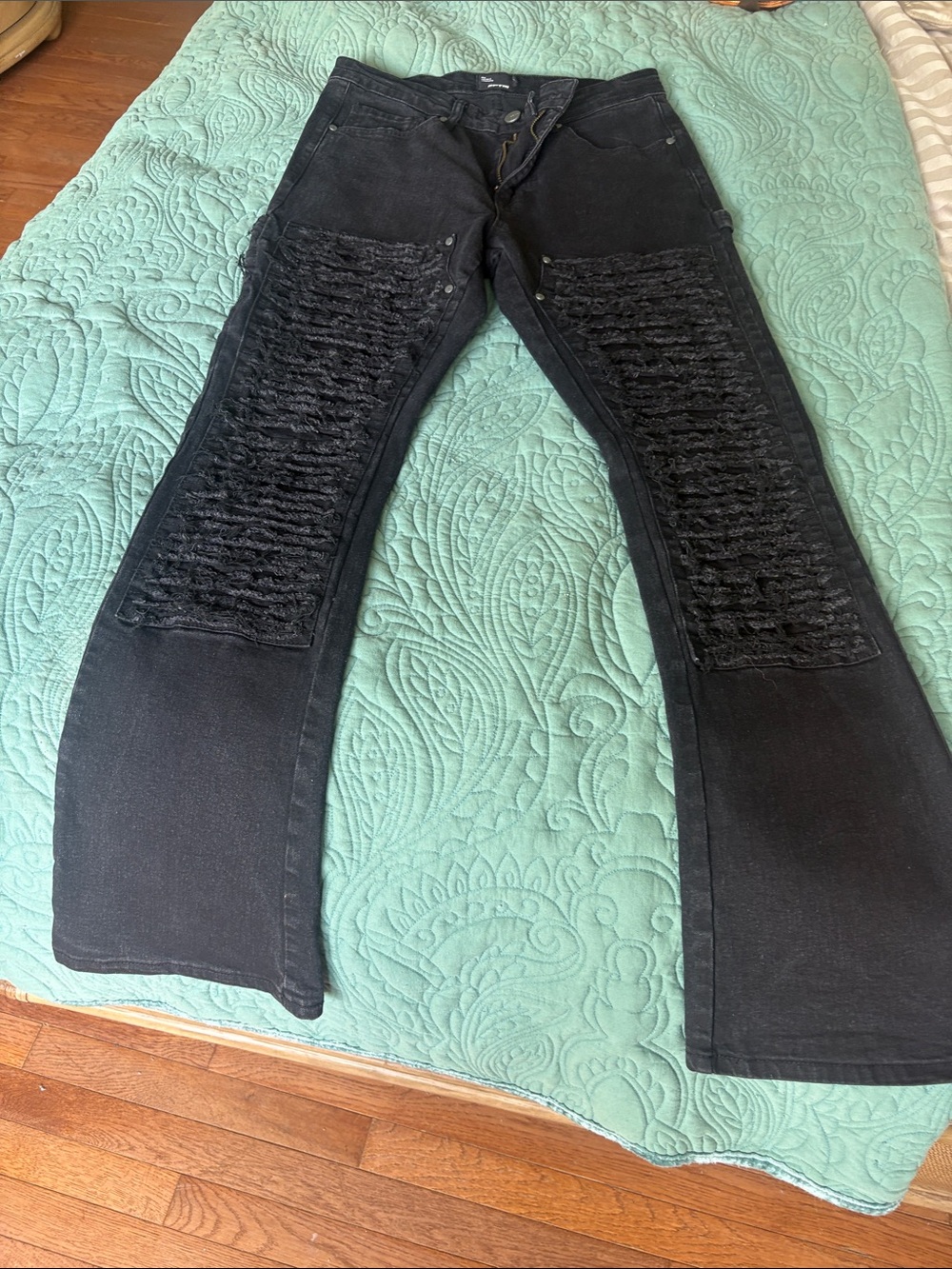 Black Men’s Flared Jeans with Textured Knee Panels
